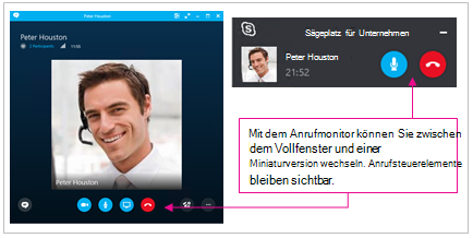 Screenshots des Skype for Business Fensters im Vollbild und des minimierten Fensters