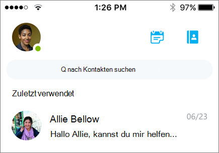Screenshot mit den neuesten Unterhaltungen in Skype for Business für iOS.