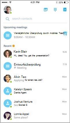 Skype for Business für iOS-Startbildschirm