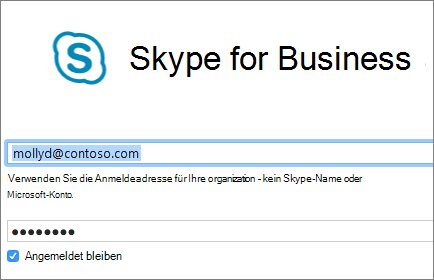 Screenshot des Anmeldebildschirms für Skype for Business.