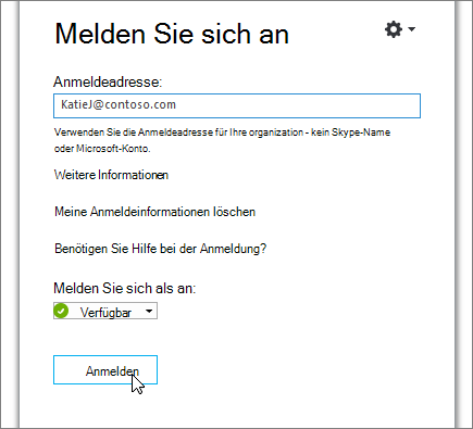 Ein Screenshot mit der Anmeldeschaltfläche auf dem Skype for Business-Anmeldebildschirm.