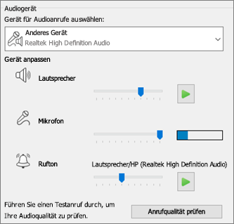 Benutzerdefinierte Einstellungen – Lautsprecher, Mikrofon, Rufton – für Audiogerät