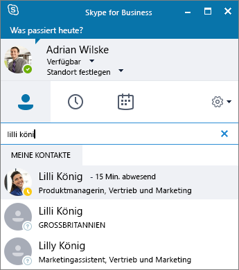 Screenshot des Skype for Business Fensters bei der Suche nach einem hinzuzufügenden Kontakt.