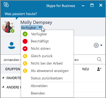 Screenshot des Skype for Business-Fensters mit geöffnetem Statusmenü