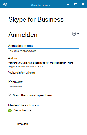 Screenshot des Anmeldebildschirms für Skype for Business