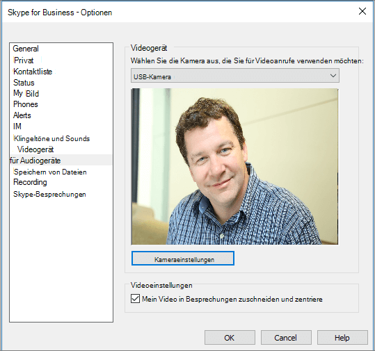 Screenshot der Seite „Videogeräte“ im Skype for Business-Dialogfeld „Optionen“