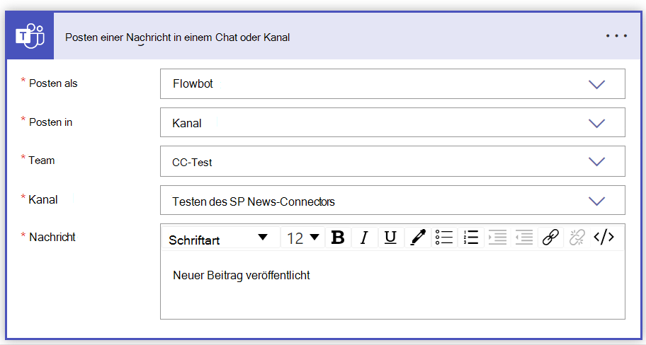 Screenshot des ausgefüllten Formulars zum Posten einer Nachricht im Chatkanal