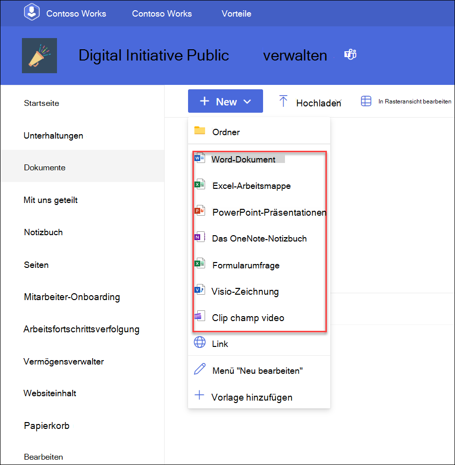 Screenshot des Dropdownmenüs zum Hinzufügen neuer Dateien