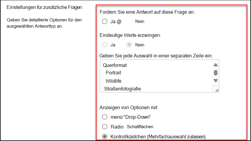 Screenshot: Einstellungen für zusätzliche Fragen