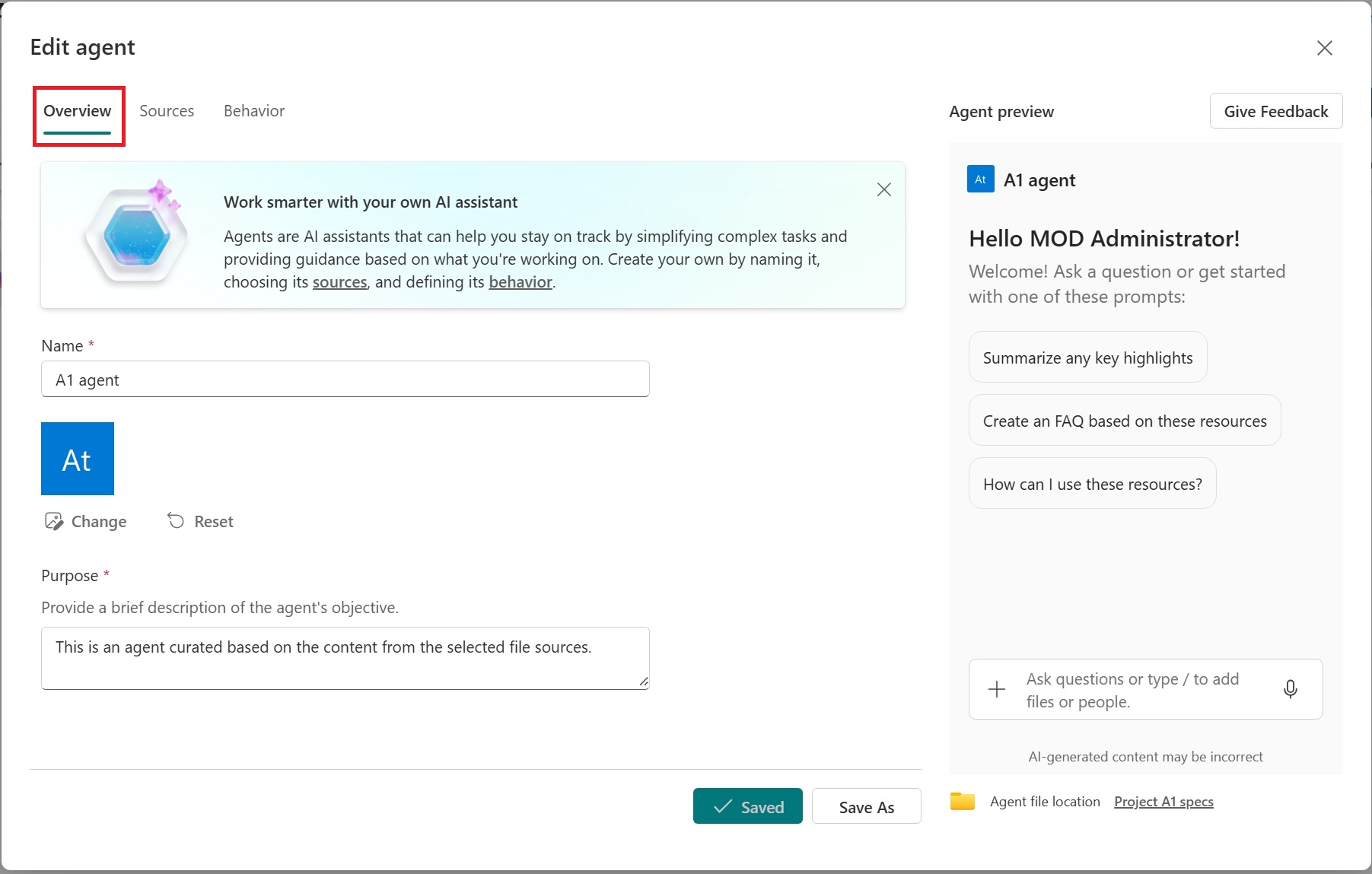 Screenshot: Bearbeiten einer Agents-Identität und Übersicht