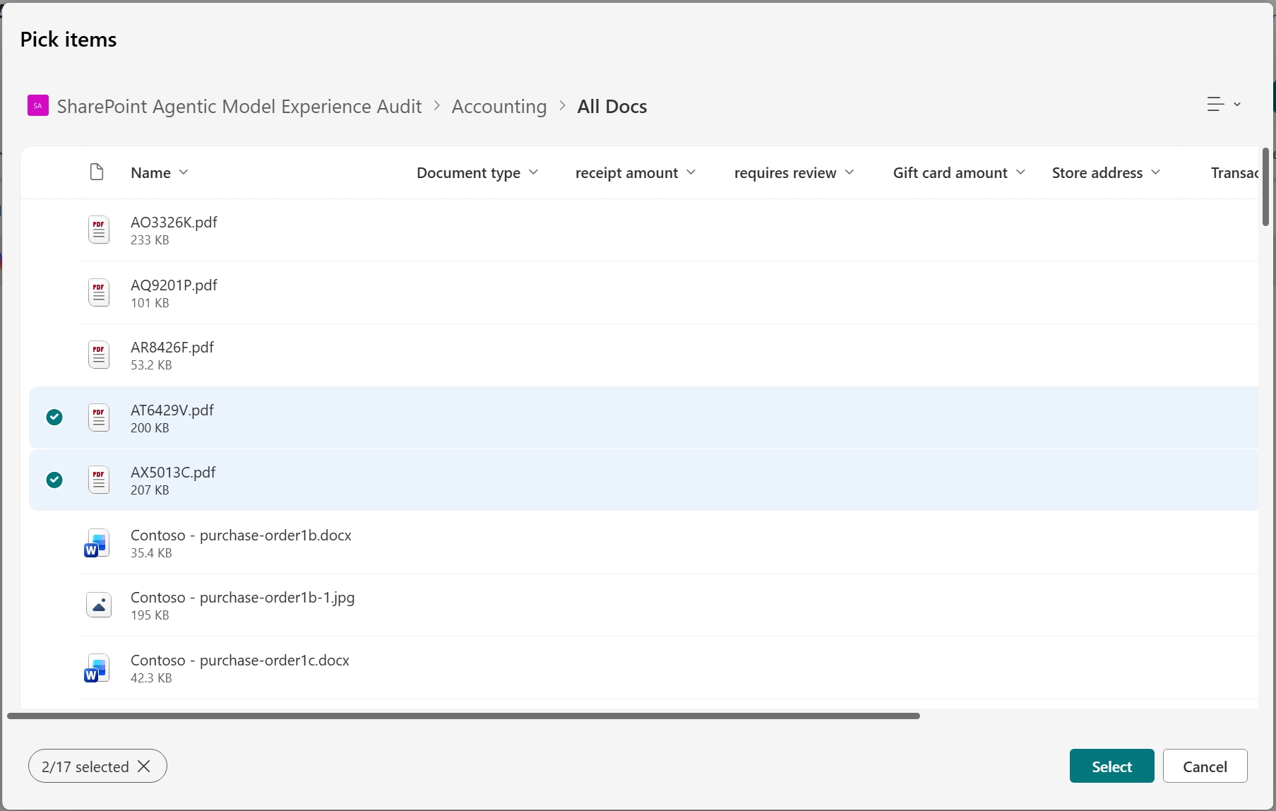 Screenshot der Quellauswahl zum Auswählen von Inhalten auf einer SharePoint-Website.