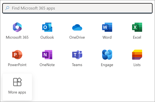 Eine Auswahl von Microsoft 365-Apps. Die letzte Kachel ist Weitere Apps.