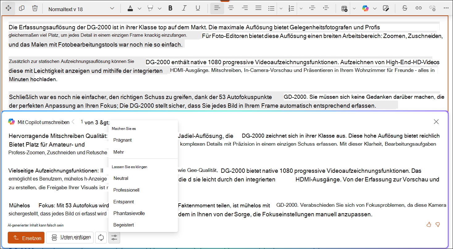 Beispielscreenshot des automatischen Umschreibens