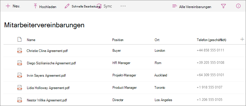 Screenshot der Bibliothek für Mitarbeitervereinbarungen