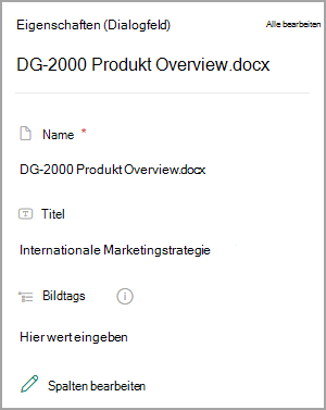 Screenshot: Eigenschaften für ein Dokument in einer SharePoint-Bibliothek