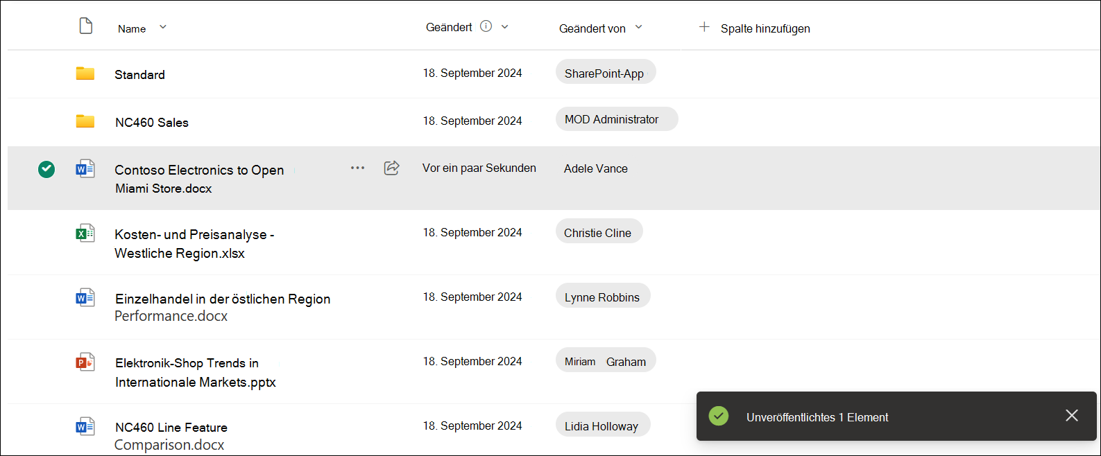Screenshot der Bestätigung der Aufhebung der Veröffentlichung
