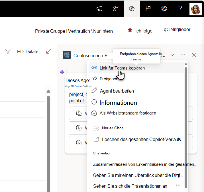 Screenshot des Kopierlinks zur Freigabe in Teams