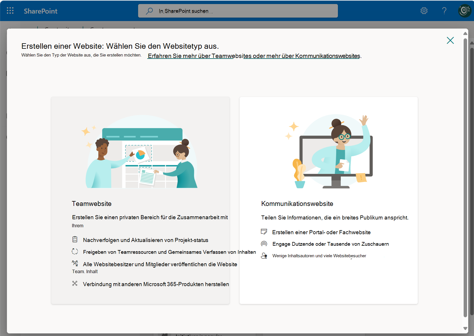 Screenshot zum Erstellen einer neuen Site-2024