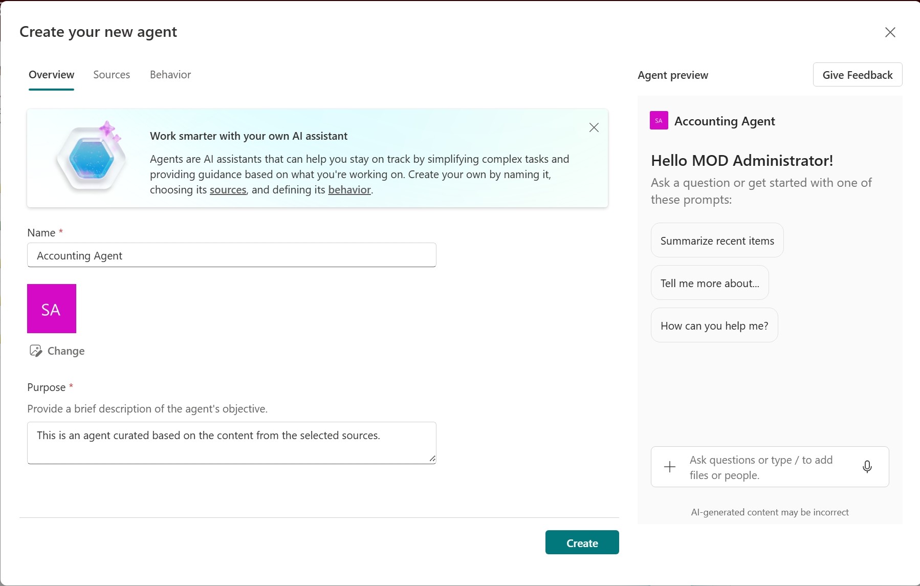 Screenshot: SharePoint-Agent-Generator beim Erstellen eines neuen Agents