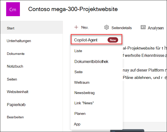 Der Screenshot der Erstellung eines neuen Copilot-Agents von der Startseite einer Website