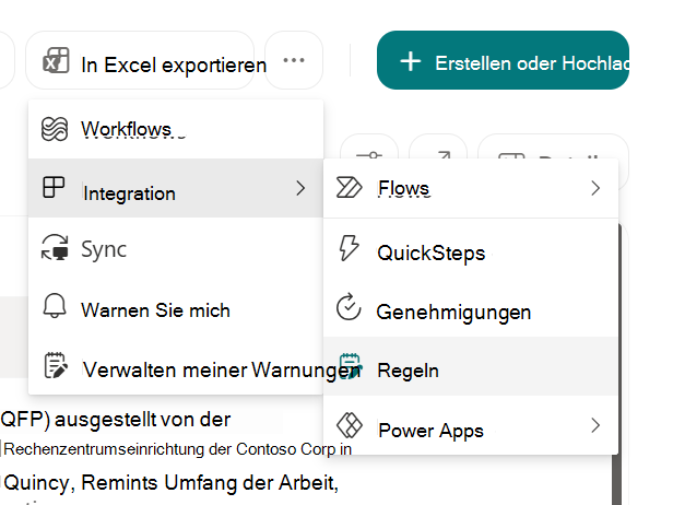 Screenshot: Erstellen einer Regel zum Automatisieren einer Liste in SharePoint