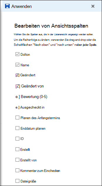 Ansicht zum Bearbeiten einer Liste in der Dokumentbibliothek