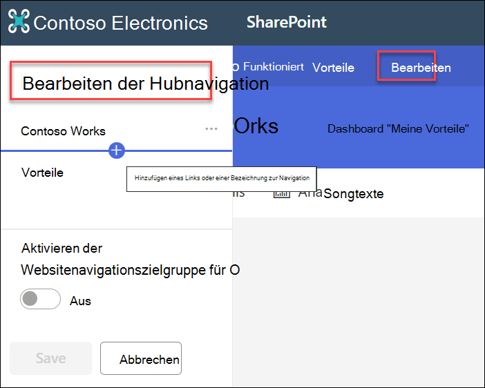 Screenshot: Bearbeiten der Hubnavigation