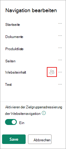 Unter Navigation bearbeiten bestätigt ein Symbol Ihre zielgerichteten Links.