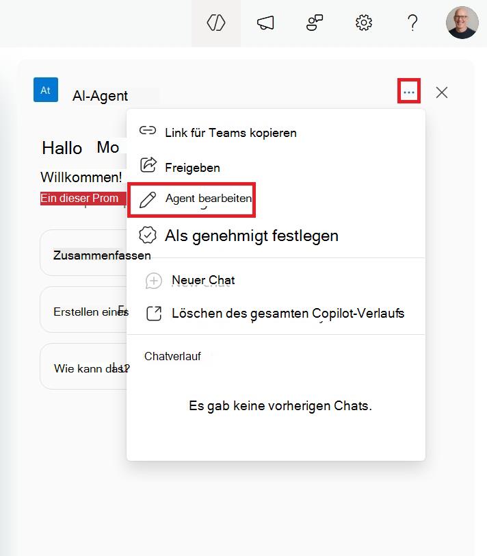 Screenshot des Menüs zum Bearbeiten eines SharePoint-Agents im Sidecar