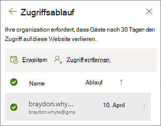 Screenshot der Optionen zum Erweitern und Entfernen des Zugriffs für ablaufenden Gastzugriff