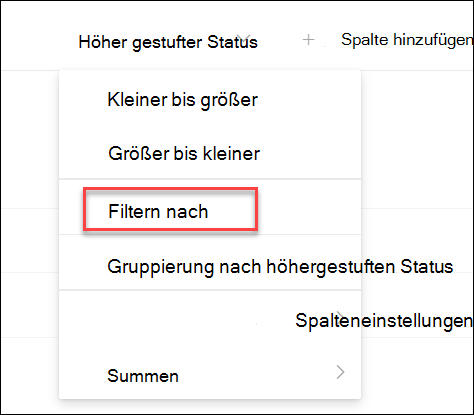 Screenshot der Filterung nach höhergestuftem Status