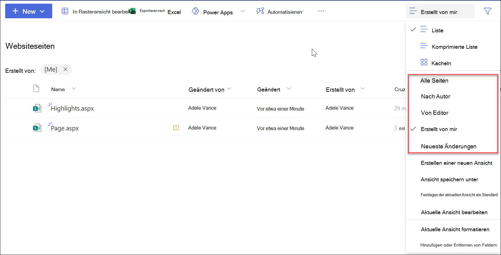 Screenshot des Filterns von Seiten