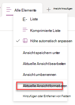 Screenshot: Auswählen des Formats der aktuellen Zeile