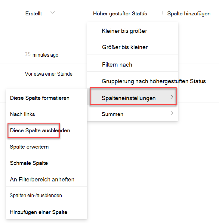 Screenshot des Ausblendens einer Spalte