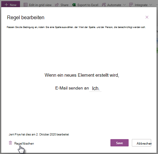 Screenshot: Löschen einer Regel für eine Liste auf der Seite 