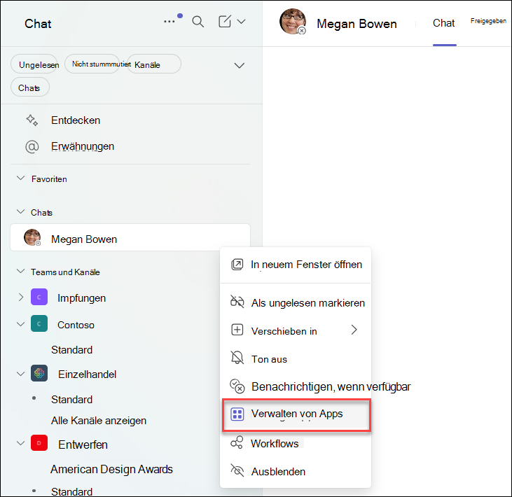 Screenshot: Verwalten von Apps in einem Teams-Chat