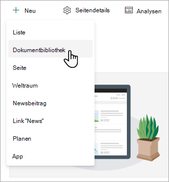 Um eine neue Dokumentbibliothek zu erstellen, wählen Sie Neu und dann Dokumentbibliothek aus.