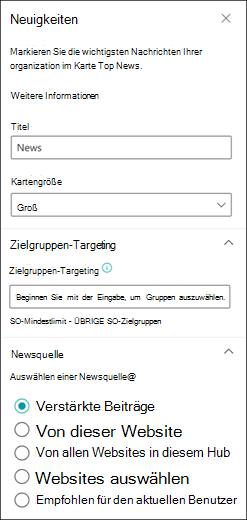 Screenshot des Eigenschaftenbereichs für die news Karte.