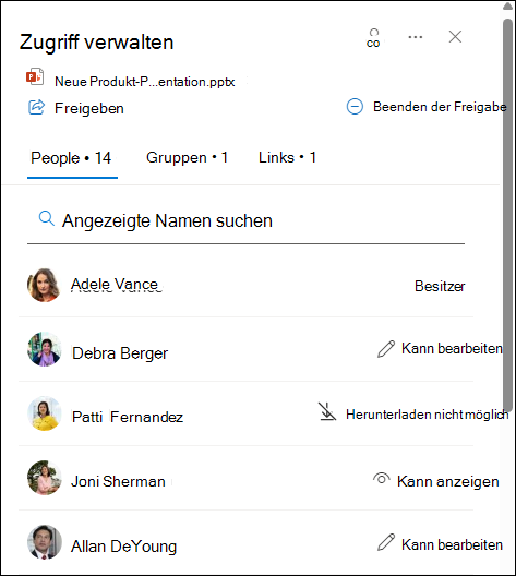 Auf der Popupkarte werden die Personen aufgelistet, für die das Dokument freigegeben ist.