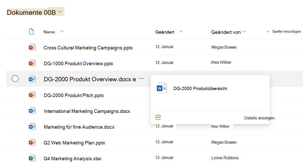 Screenshot: Öffnen von Dokumenten in der Dokumentbibliothek