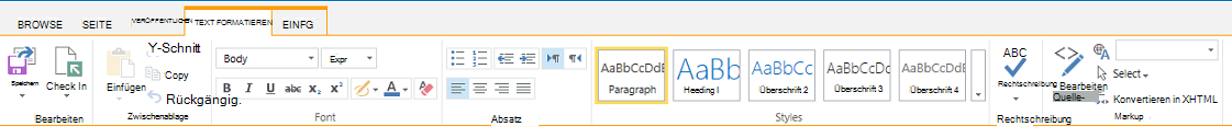 Screenshot der Registerkarte 'Text formatieren' mit zahlreichen Schaltflächen zum Formatieren von Text