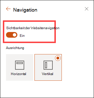 Zugriff auf die Sichtbarkeitsoptionen der Websitenavigation über Einstellungen.