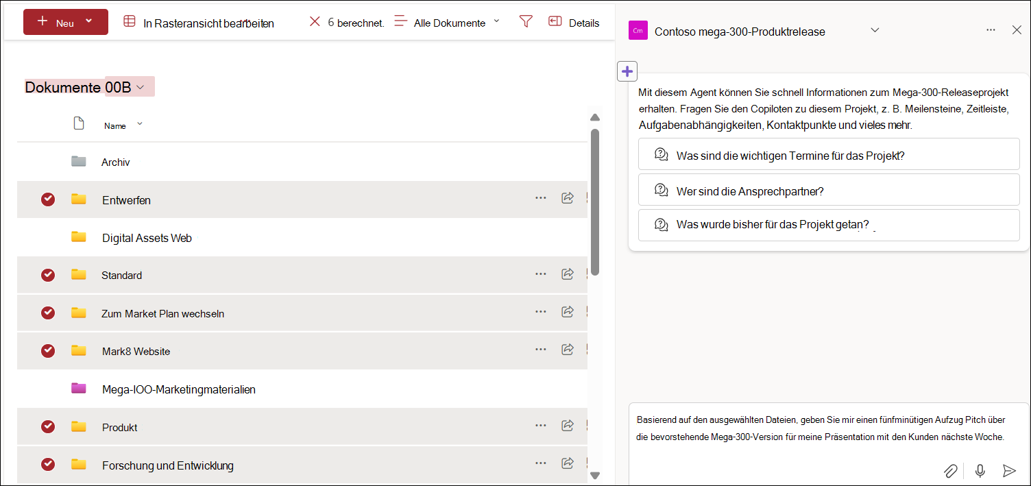 Screenshot der Auswahl von Dateien aus der Dokumentbibliothek für den Chat