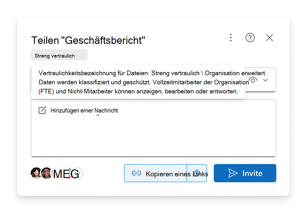 Die Vertraulichkeitsbezeichnung einer Datei wird in der Freigabeumgebung angezeigt.