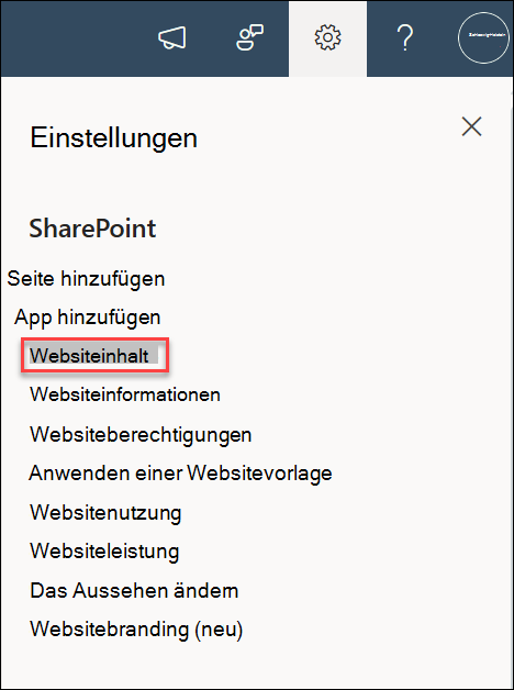 Screenshot der Websiteinhalte der Einstellungen