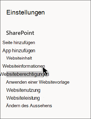 Screenshot der SharePoint-Einstellungen mit ausgewählten Websiteinformationen