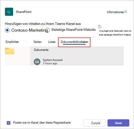 Hinzufügen einer SharePoint-Dokumentbibliothek zu Teams.