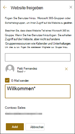 Vorschau des Bereichs „Website teilen“.