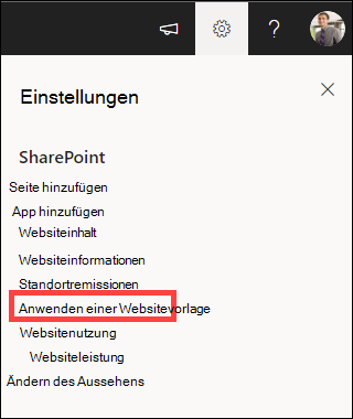 Einstellungen mit hervorgehobener Option Websitevorlage anwenden.