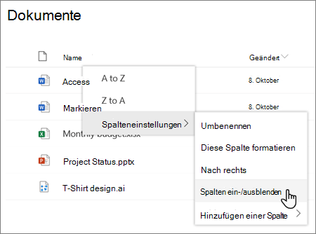 Die Option Spalteneinstellungen > ein-/ausblenden, wenn eine Spaltenüberschrift in einer modernen SharePoint-Liste oder -Bibliothek ausgewählt ist